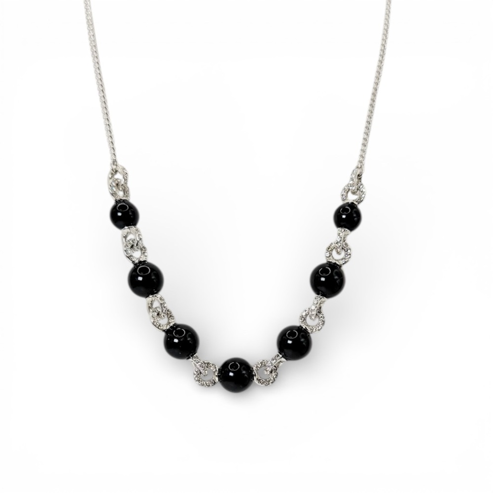 Givenchy Black Bead Station Necklace Silver Tone Chain Elegant Designer Jewelry